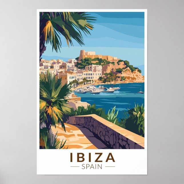 Poster Ilustração de Ibiza Espanha Arte de Viagem Vintage (Frente)