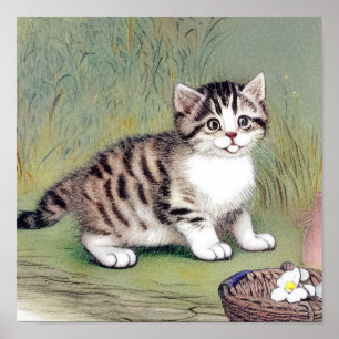 Poster Ilustração de Kitten com Striped Vintage