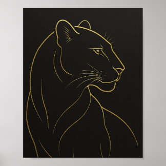 Poster Ilustração de Leoa em Linha Elegante Dourada