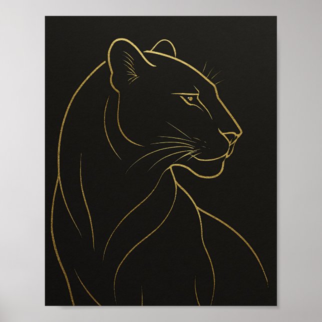 Poster Ilustração de Leoa em Linha Elegante Dourada (Frente)