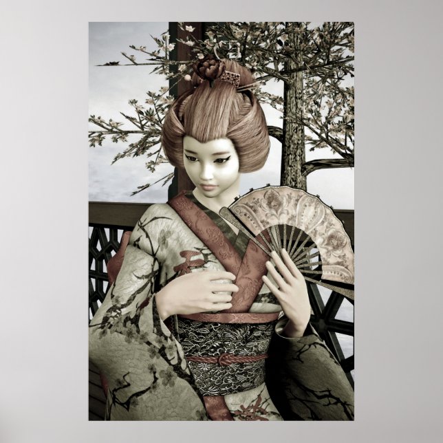 Póster Ilustração de Leque de Kimono de Geisha Vintage (Frente)