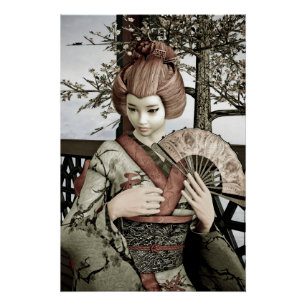 Póster Ilustração de Leque de Kimono de Geisha Vintage