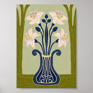 Poster Ilustração de Lírio Simétrico Art Nouveau em Cobal