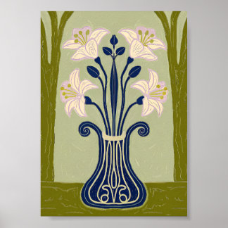 Poster Ilustração de Lírio Simétrico Art Nouveau em Cobal