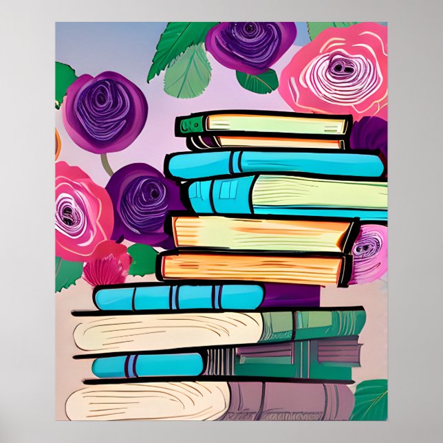 Poster Ilustração de Livros e Flores Arte Digital (Frente)