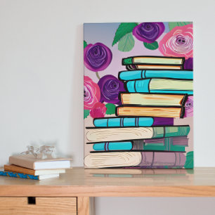 Poster Ilustração de Livros e Flores Arte Digital