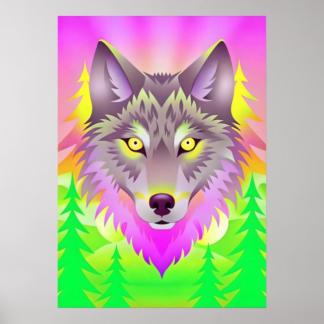 Poster Ilustração de Lobo Vibrante com Árvores Abstrato (Frente)