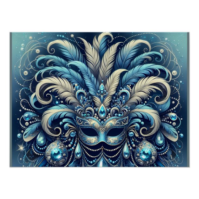 Póster Ilustração de Máscara de Mascarada Pena Azul (Frente)