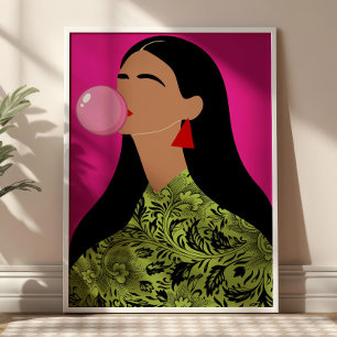 Poster Ilustração de Menina com Chiclete Rosa Funky Art