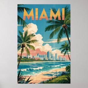 Poster Ilustração de Miami Flórida Viagem Arte Vintage