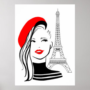 Poster Ilustração de moda mulher francesa em beret vermel