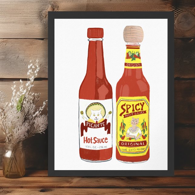 Poster Ilustração de molho picante de Gatos Picados em Cu (Cute Spicy Cats hot sauce illustration Poster
)