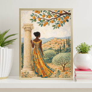 Poster Ilustração de Mulher ao Pé de Coluna com Árvore Cí
