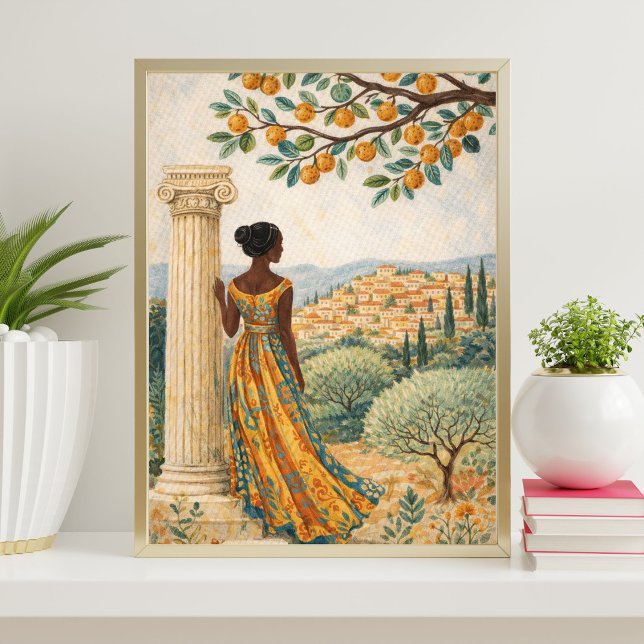 Poster Ilustração de Mulher ao Pé de Coluna com Árvore Cí (Criador carregado)