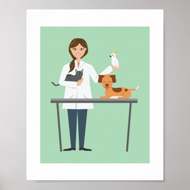 Poster Ilustração de Mulher Veterinária Com Animais (Frente)