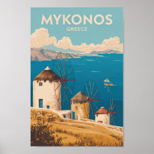 Poster Ilustração de Mykonos Grécia Arte de Viagem Vintag