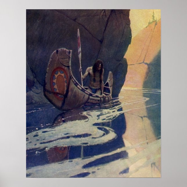 Poster Ilustração de N. C. Wyeth de índio remando canoa (Frente)