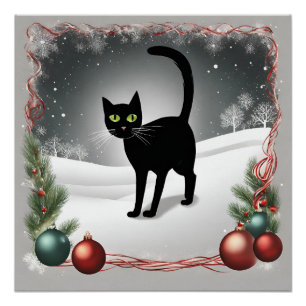 Póster Ilustração de Natal de Gato Negro Bonito