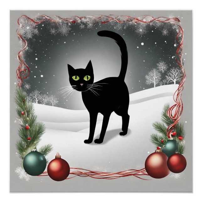 Póster Ilustração de Natal de Gato Negro Bonito (Frente)