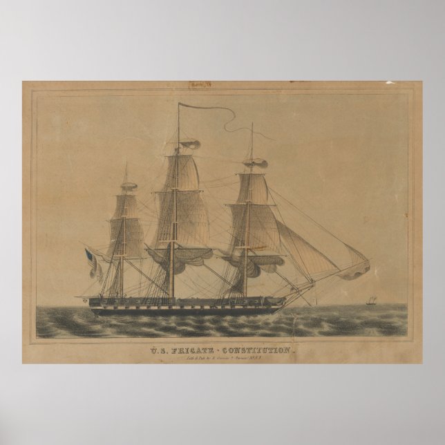 Poster Ilustração de Navio da Constituição Vintage USS (1 (Frente)