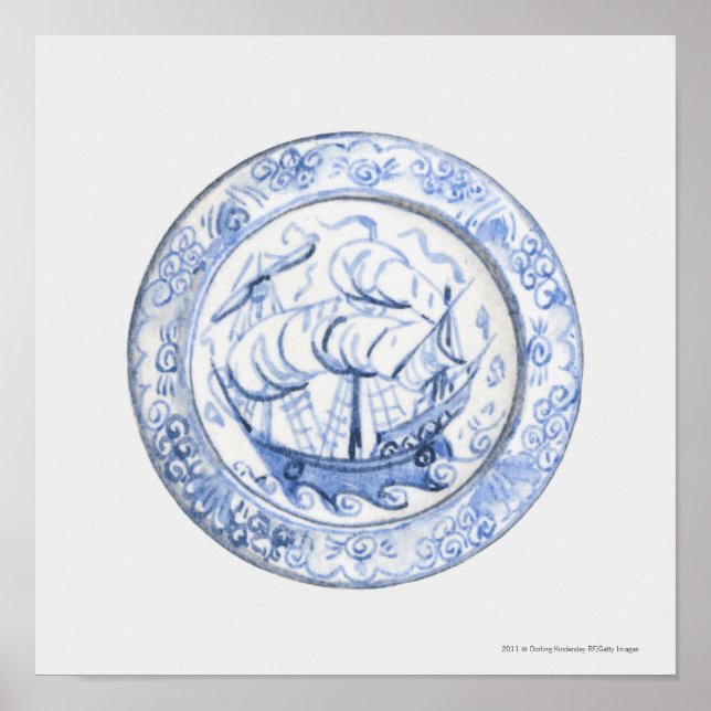 Poster Ilustração de navio na placa Iznik do século 16 (Frente)