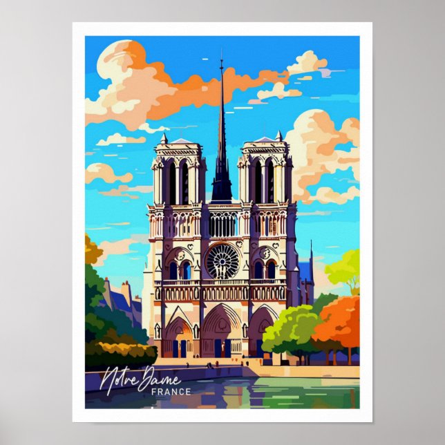 Poster Ilustração de Notre Dame France Viagem Vintage (Frente)