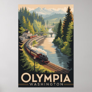 Poster Ilustração de Olympia Washington Viagem Arte Vinta