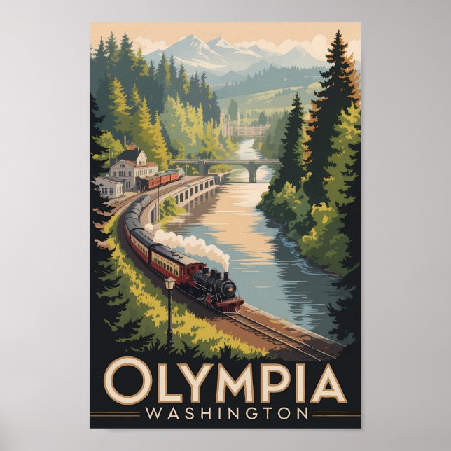 Poster Ilustração de Olympia Washington Viagem Arte Vinta (Frente)