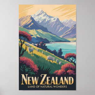 Poster Ilustração de ovelha vintage da Nova Zelândia Viag