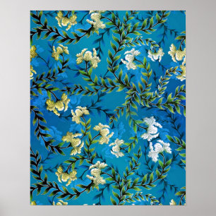 Poster Ilustração de Padrão Floral Azul Vintage