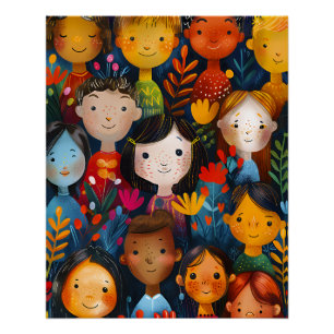 Póster Ilustração de padrão floral com crianças felizes d