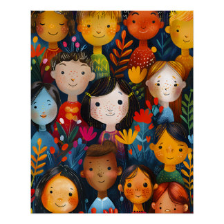 Póster Ilustração de padrão floral com crianças felizes d
