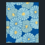 Poster Ilustração de padrão floral japonês azul<br><div class="desc">Uma bonito ilustração das flores japonesas em uma paleta azul e amarela colorida.</div>