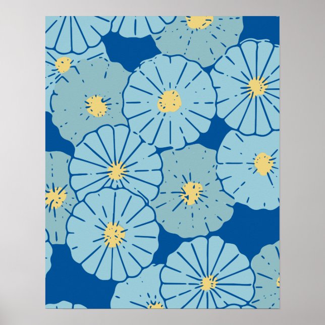 Poster Ilustração de padrão floral japonês azul (Frente)