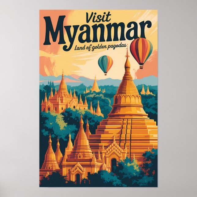 Poster Ilustração de Pagodes de Mianmar Arte de Viagem Vi (Frente)