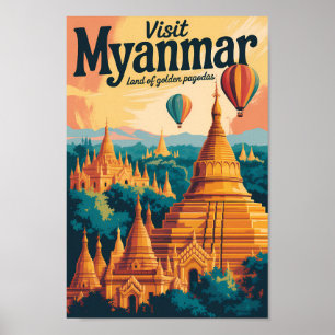 Poster Ilustração de Pagodes de Mianmar Arte de Viagem Vi
