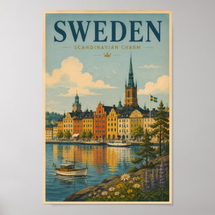 Poster Ilustração de Paisagem da Suécia Viagem Arte Vinta