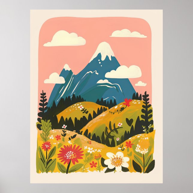 Poster Ilustração de Paisagem de Montanhas Florais Boho (Frente)