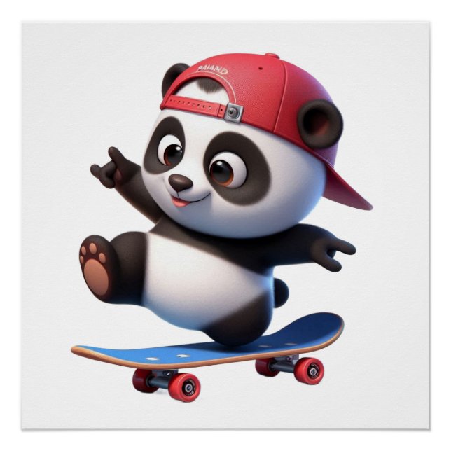 Póster Ilustração de Panda Fofinho de Skate (Frente)