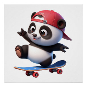Póster Ilustração de Panda Fofinho de Skate