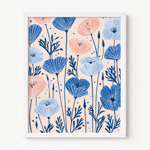 Poster Ilustração de Papoulas Rosa e Azul