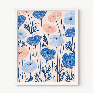 Poster Ilustração de Papoulas Rosa e Azul