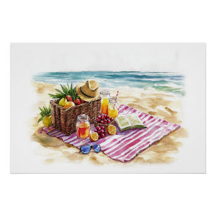 Póster Ilustração de Picnic Watercolor em Summer Beach -