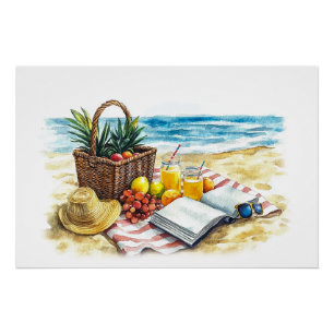 Póster Ilustração de Picnic Watercolor em Summer Beach -