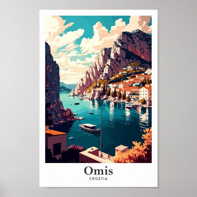 Poster Ilustração de Potrait Viagens vintage Omis Croácia (Frente)