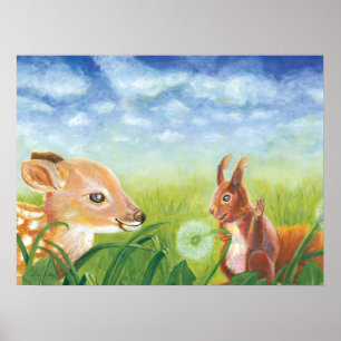 Poster Ilustração de Primavera de Fawn e Esquilo