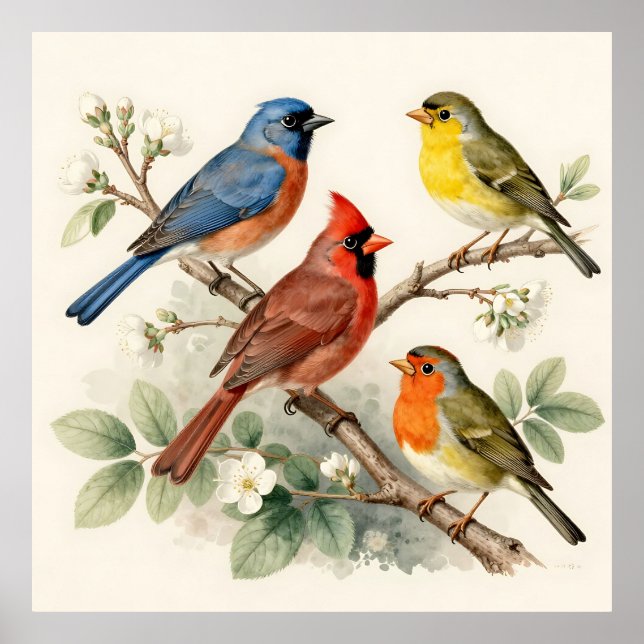 Poster Ilustração de Ramalhete de Flores de Pássaro Canto (Frente)