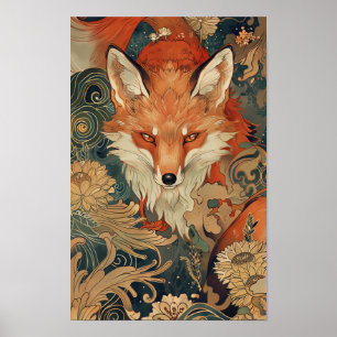 Poster Ilustração de Raposa Japonesa Kitsune no Estilo Mu