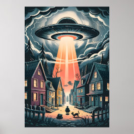 Poster Ilustração de Rua Noturna de Abdução por OVNI