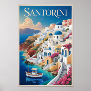 Poster Ilustração de Santorini Grécia Arte de Viagem Vint